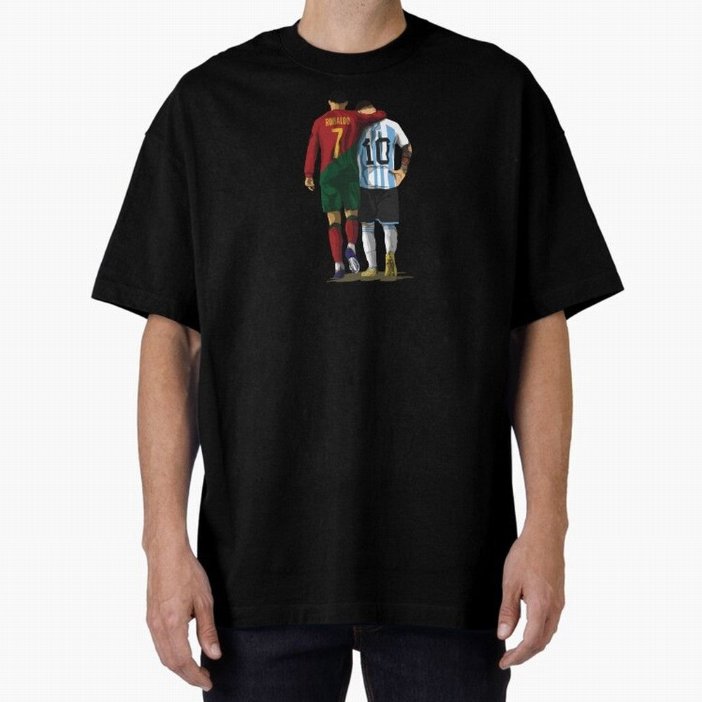 Messi Ronaldo Chit Chat Illustration Oversized T-Shirt Celebrate the Stars of FIFA World Cup 2026 USA Canada Mexico for Fans of Cristiano Ronaldo, Haaland and CR7 and Argentina, Bringing Champion Mindset, Group Stage Buzz, Knockout Tension and