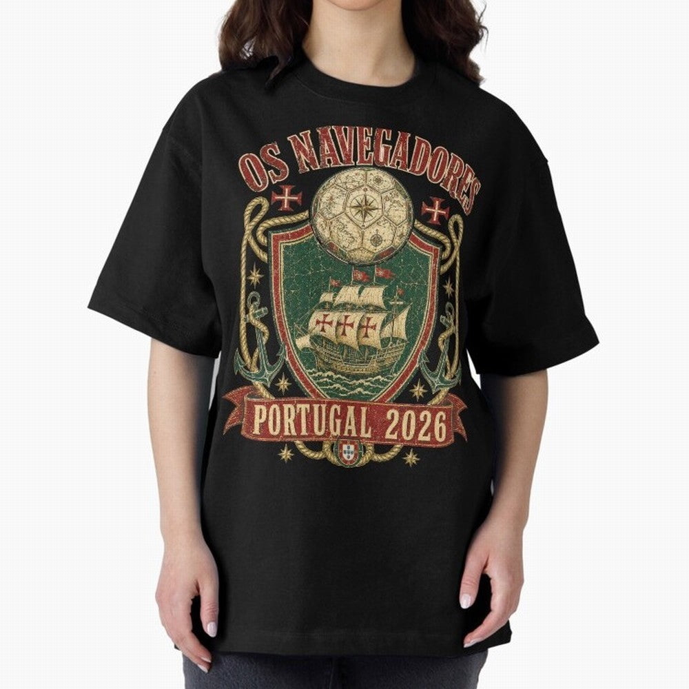 Os Navegadores Portugal 2026 World Cup Soccer T-Shirt Oversized T-Shirt Feel the Heartbeat of FIFA World Cup 2026 USA Canada Mexico Highlighting CR7, England, France and Netherlands Energy, Championship Spirit, Famous Goals, Roaring Crowds and