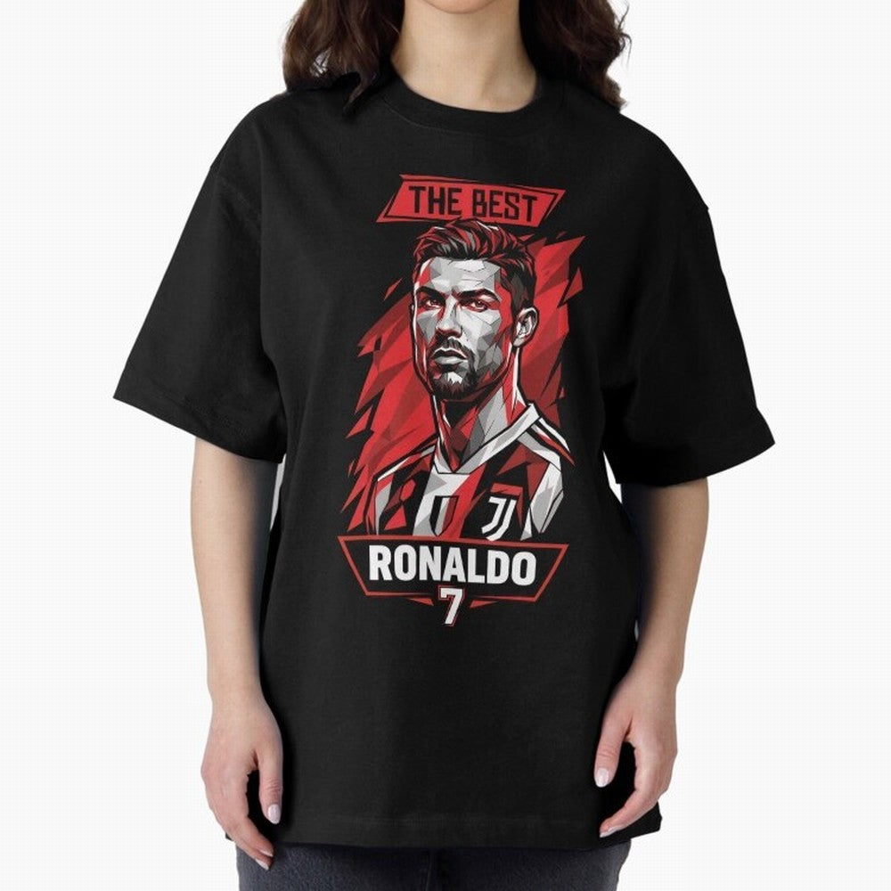 Cristiano Ronaldo CR7 Geometric Vector Portrait Oversized T-Shirt Celebrate the Stars of Global Football Passion for FIFA World Cup 2026 USA Canada Mexico, Inspired by Haaland, Spain, Vintage Soccer Flavor, Modern Football Stars, National Flags and