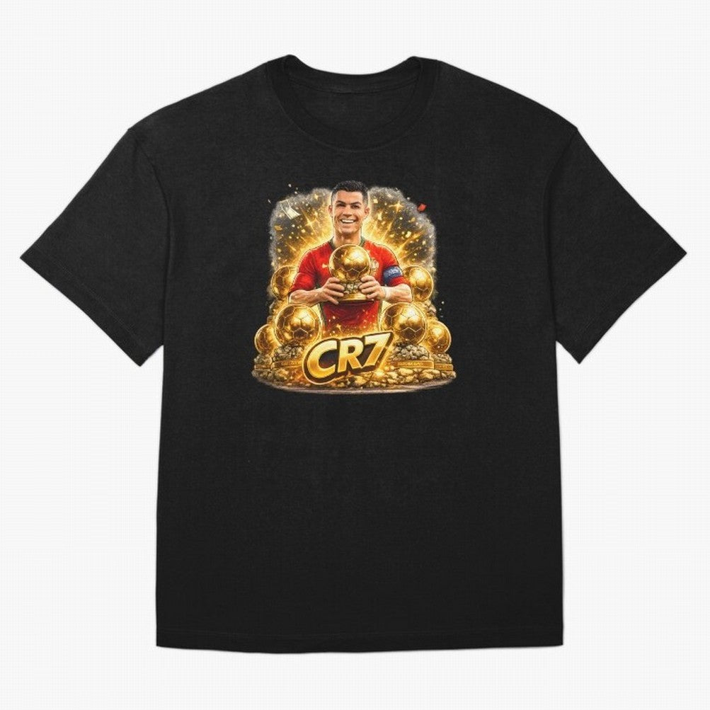 CR7 Five Ballon d'Or Trophies Cartoon ¨C Football Legend Illustration Oversized T-Shirt Bring Bold Fan Energy to FIFA World Cup 2026 Group Stage for Fans of Messi and France and Portugal, Bringing Football Festival Excitement, Trophy Ambitions,