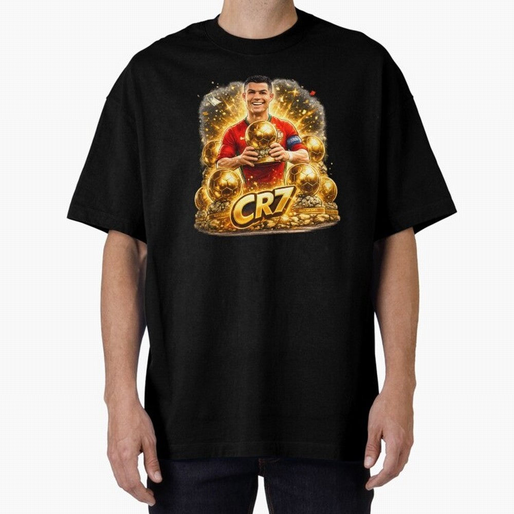 CR7 Five Ballon d'Or Trophies Cartoon ¨C Football Legend Illustration Oversized T-Shirt Bring Bold Fan Energy to FIFA World Cup 2026 Group Stage for Fans of Messi and France and Portugal, Bringing Football Festival Excitement, Trophy Ambitions,