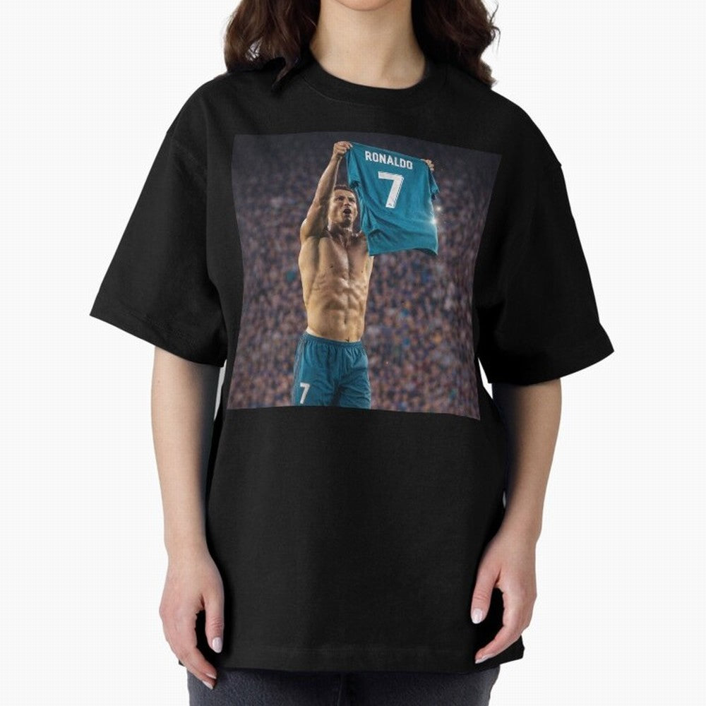 Ronaldo Holding Number Seven Shirt Oversized T-Shirt Honor Football Greatness during Match Day Hype around FIFA World Cup 2026, CR7 and Messi, Portugal, Vintage Soccer Flavor, Modern Football Stars, National Flags and Final Night Emotion; Ideal for