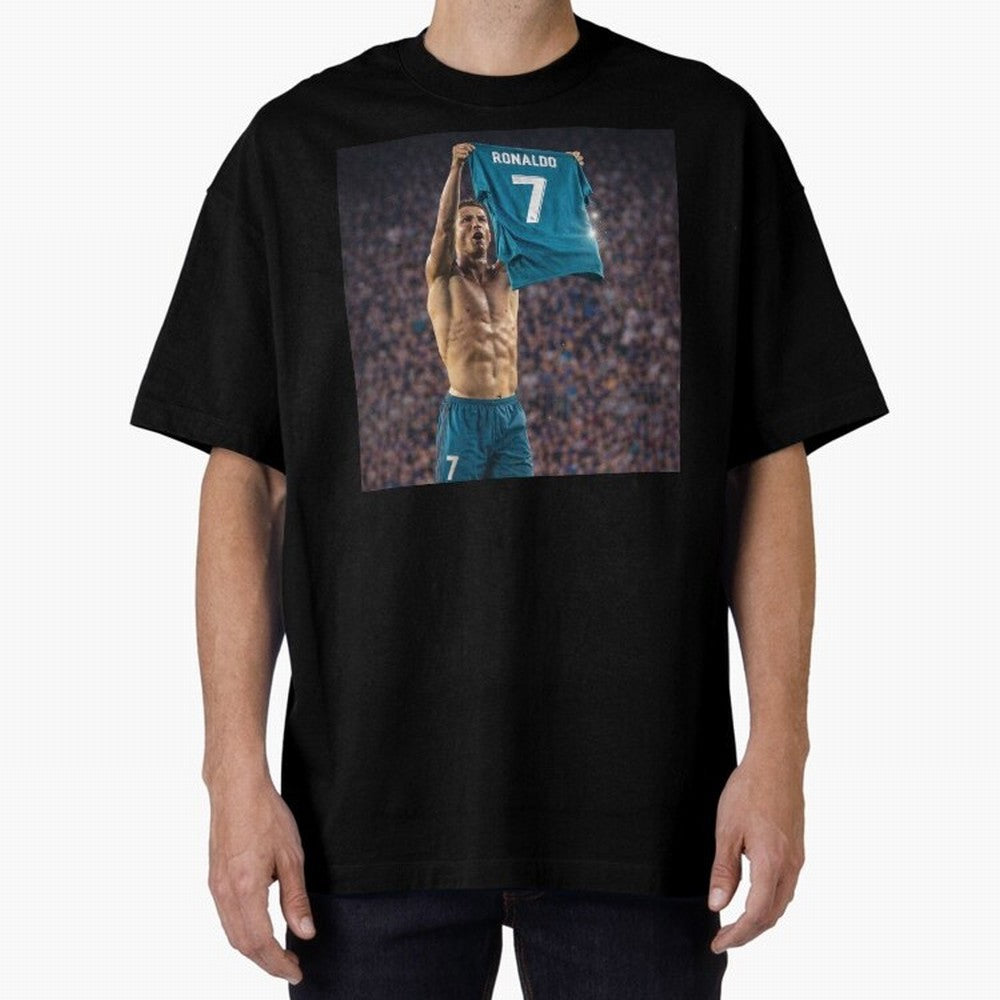 Ronaldo Holding Number Seven Shirt Oversized T-Shirt Honor Football Greatness during Match Day Hype around FIFA World Cup 2026, CR7 and Messi, Portugal, Vintage Soccer Flavor, Modern Football Stars, National Flags and Final Night Emotion; Ideal for