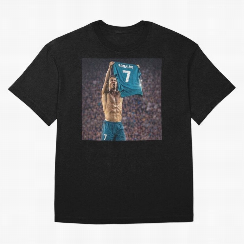 Ronaldo Holding Number Seven Shirt Oversized T-Shirt Honor Football Greatness during Match Day Hype around FIFA World Cup 2026, CR7 and Messi, Portugal, Vintage Soccer Flavor, Modern Football Stars, National Flags and Final Night Emotion; Ideal for