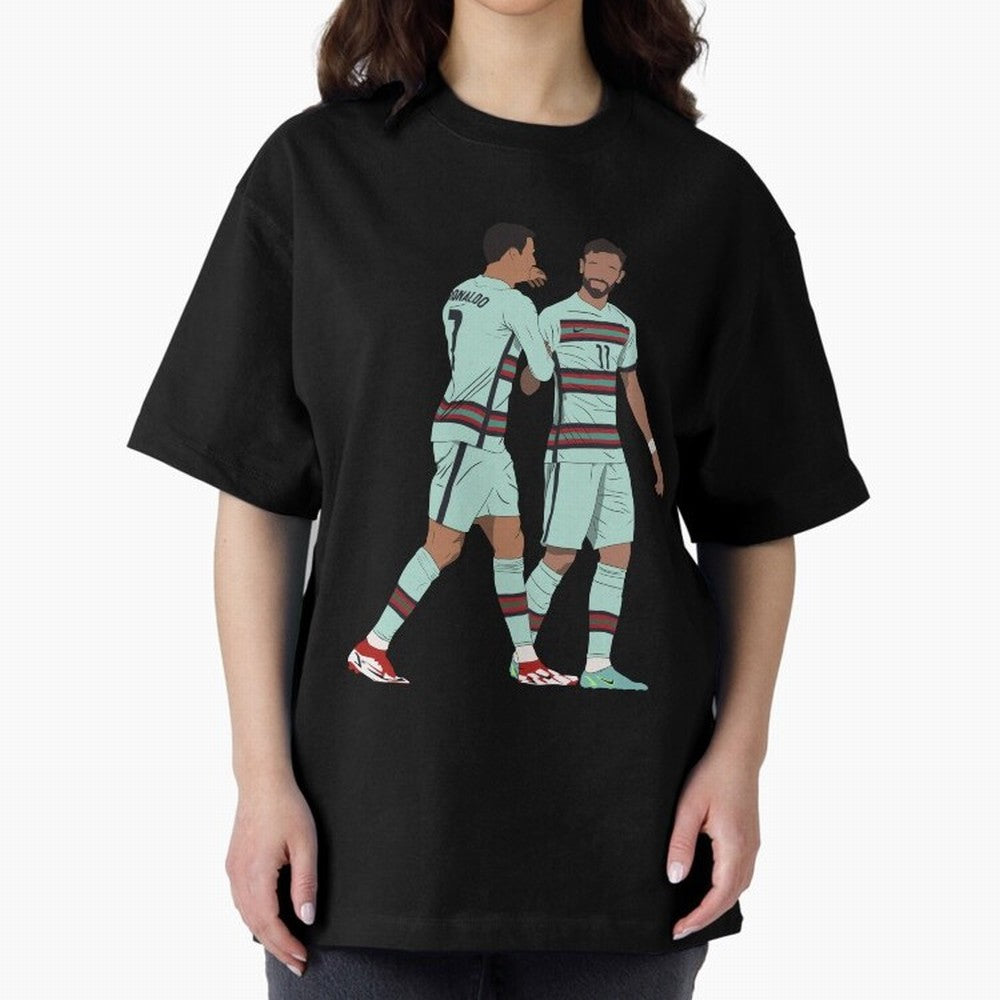 Cristiano Ronaldo & Bruno Fernandes Portugal Oversized T-Shirt Discover FIFA World Cup 2026 USA Canada Mexico Celebrating Messi, CR7 and Mbappe, England Energy, Tournament Hype, Historic Matchups, Family Viewing Parties and Global Sports Pride;