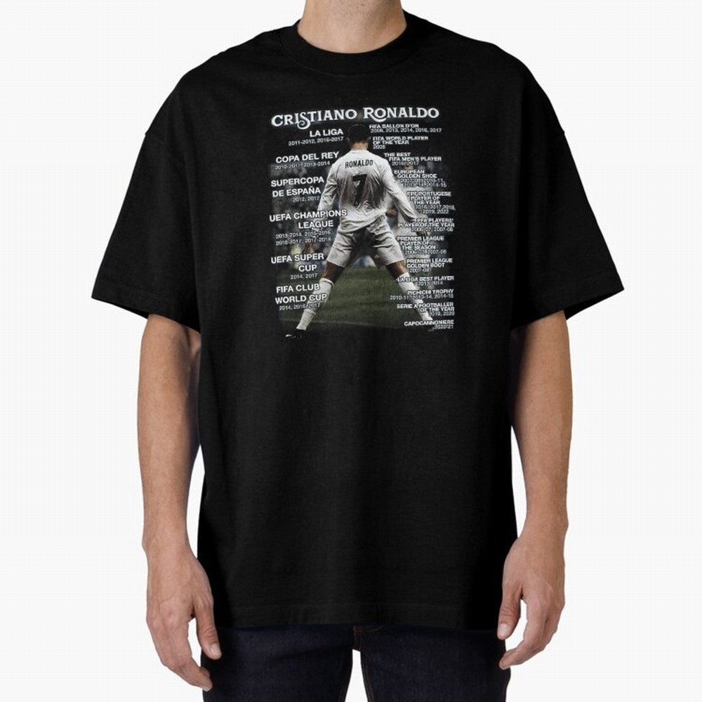 Cristiano Ronaldo Stats Oversized T-Shirt Carry the Dream of FIFA World Cup 2026 Group Stage Connected to Messi, Neymar and Mbappe, England, France and Netherlands Energy, Classic Soccer Heritage, Championship Pressure, Fan Loyalty and