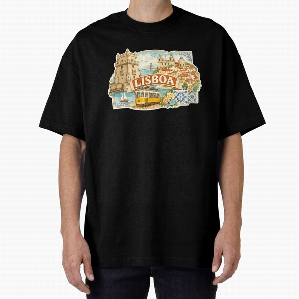 Vintage Tram Lisbon Illustration Oversized T-Shirt Show Championship Spirit for FIFA World Cup 2026 USA Canada Mexico for Fans of Haaland and Mbappe and Argentina and Brazil, Bringing Championship Spirit, Famous Goals, Roaring Crowds and