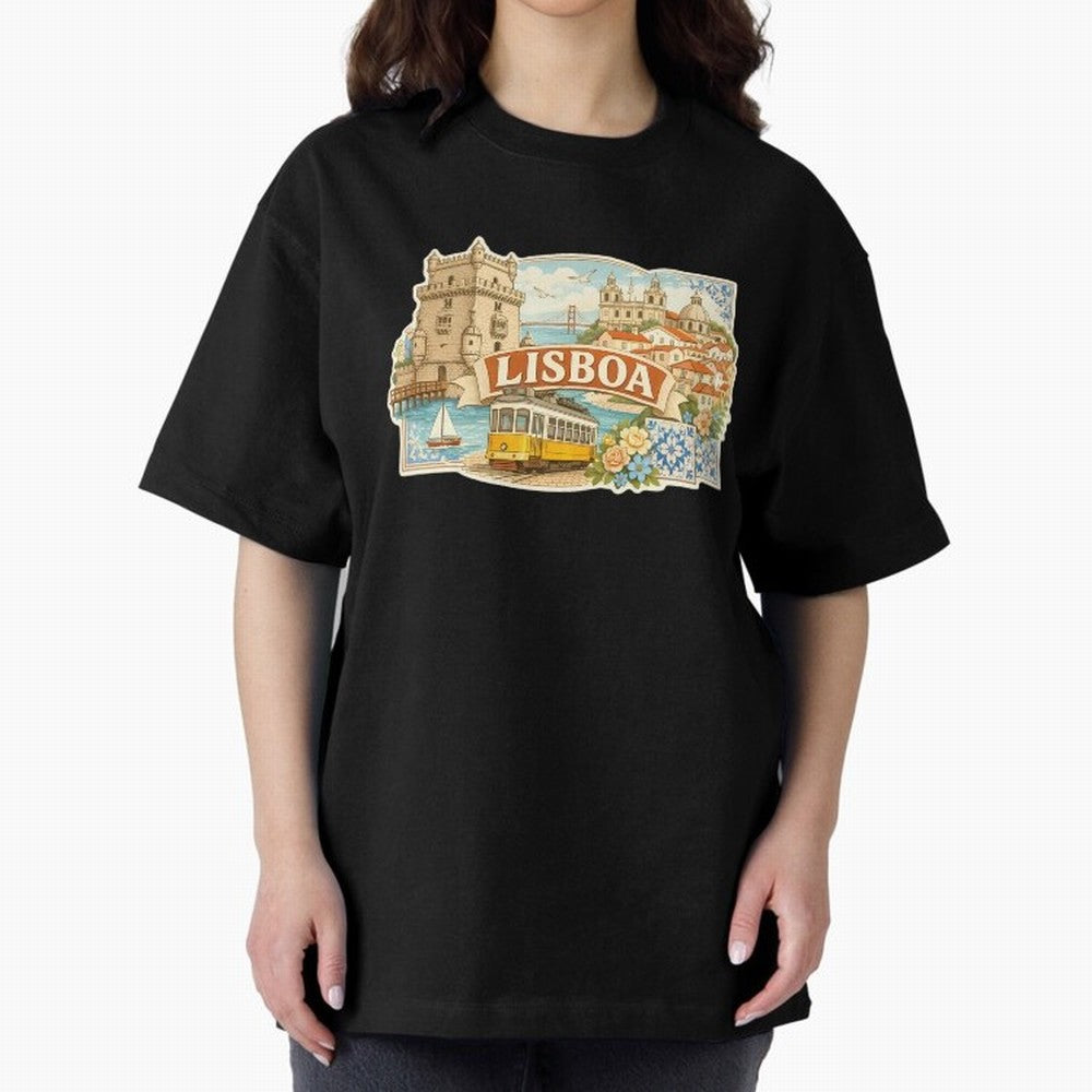 Vintage Tram Lisbon Illustration Oversized T-Shirt Show Championship Spirit for FIFA World Cup 2026 USA Canada Mexico for Fans of Haaland and Mbappe and Argentina and Brazil, Bringing Championship Spirit, Famous Goals, Roaring Crowds and