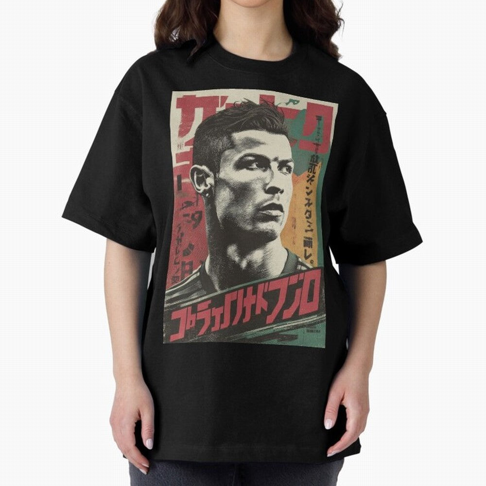 Cristiano Vintage Warned Japanese Poster Oversized T-Shirt Elevate the FIFA World Cup 2026 Group Stage Journey through Messi and Cristiano Ronaldo Highlights, Spain Pride, Vintage Soccer Flavor, Modern Football Stars, National Flags and Final Night
