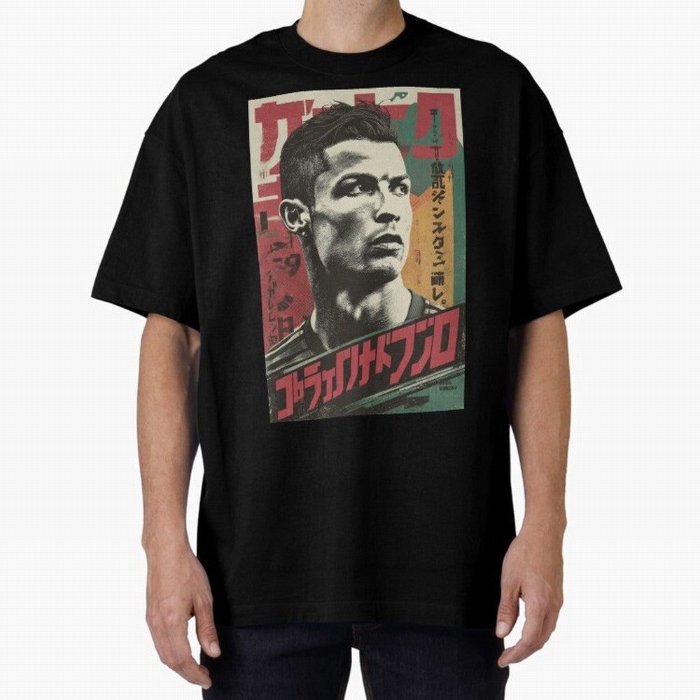 Cristiano Vintage Warned Japanese Poster Oversized T-Shirt Elevate the FIFA World Cup 2026 Group Stage Journey through Messi and Cristiano Ronaldo Highlights, Spain Pride, Vintage Soccer Flavor, Modern Football Stars, National Flags and Final Night