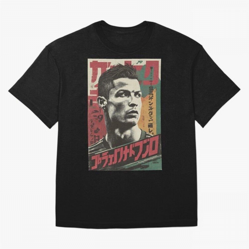 Cristiano Vintage Warned Japanese Poster Oversized T-Shirt Elevate the FIFA World Cup 2026 Group Stage Journey through Messi and Cristiano Ronaldo Highlights, Spain Pride, Vintage Soccer Flavor, Modern Football Stars, National Flags and Final Night