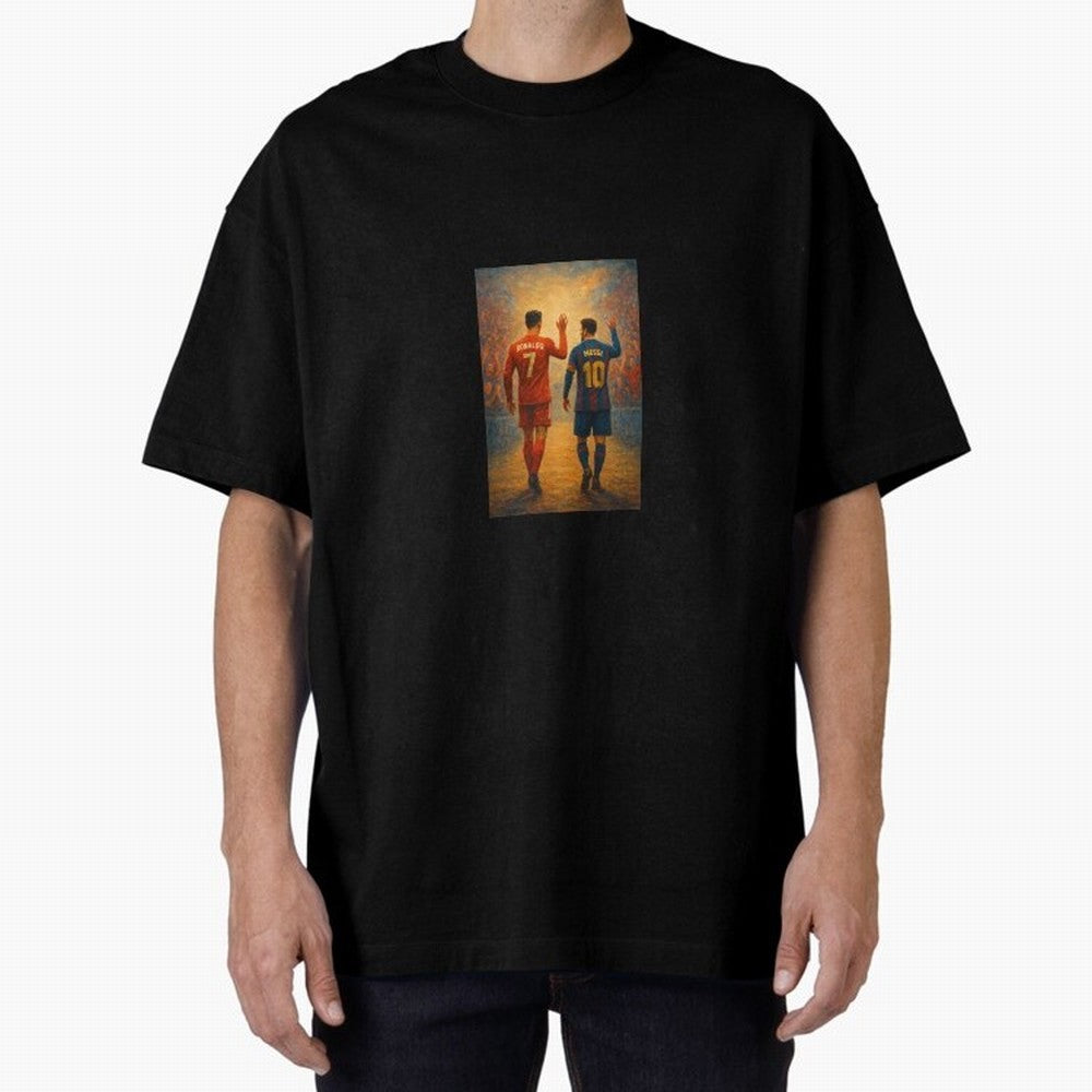 Cristiano Ronaldo and Messi Art Sticker Oversized T-Shirt Bring Retro Soccer Energy to Match Day Hype around FIFA World Cup 2026 Group Stage, Haaland and Mbappe, Argentina, France and Brazil, Championship Spirit, Famous Goals, Roaring Crowds and