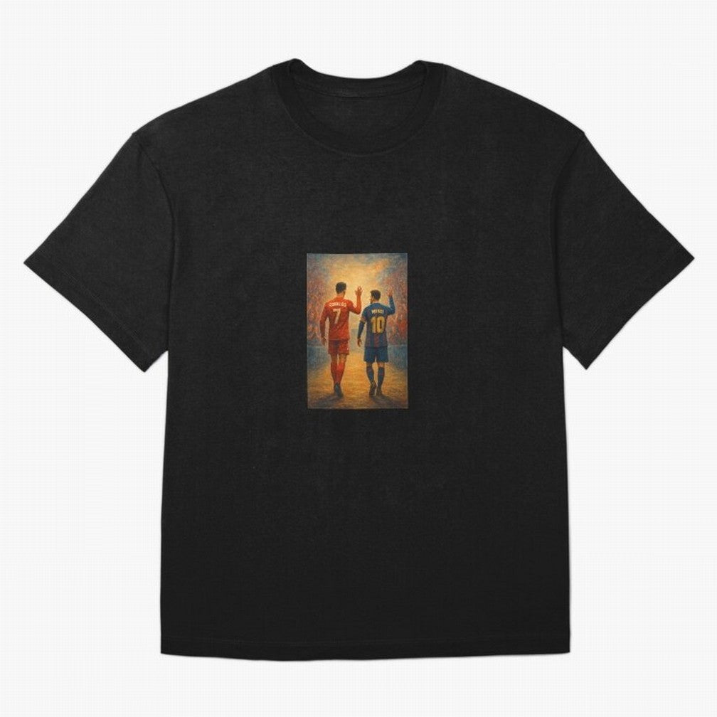 Cristiano Ronaldo and Messi Art Sticker Oversized T-Shirt Bring Retro Soccer Energy to Match Day Hype around FIFA World Cup 2026 Group Stage, Haaland and Mbappe, Argentina, France and Brazil, Championship Spirit, Famous Goals, Roaring Crowds and