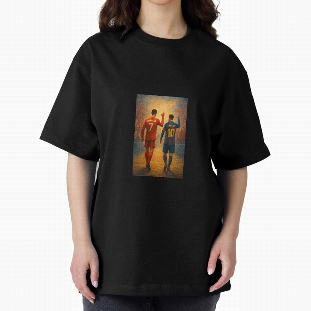 Cristiano Ronaldo and Messi Art Sticker Oversized T-Shirt Bring Retro Soccer Energy to Match Day Hype around FIFA World Cup 2026 Group Stage, Haaland and Mbappe, Argentina, France and Brazil, Championship Spirit, Famous Goals, Roaring Crowds and