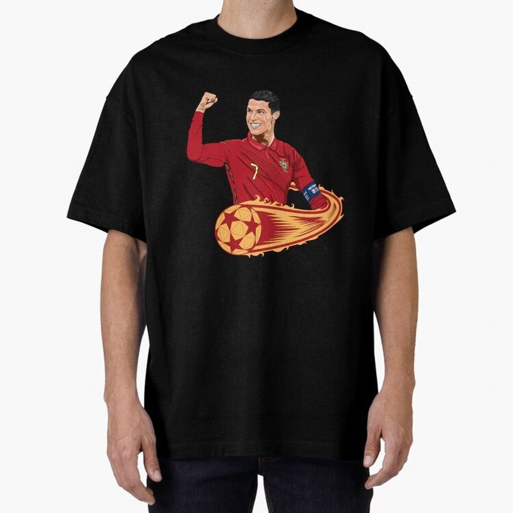 Cristiano Ronaldo drawing Oversized T-Shirt Honor the Beautiful Game during FIFA World Cup 2026 Group Stage Spirit, Featuring Brazil, Portugal and Argentina, CR7, Global Supporter Spirit, Legendary Goals, National Colors and Tournament Celebration;
