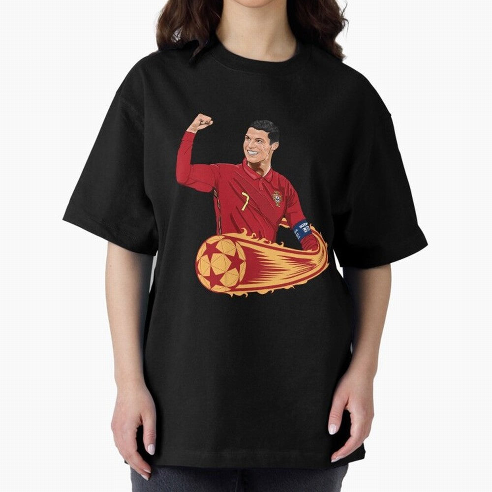 Cristiano Ronaldo drawing Oversized T-Shirt Honor the Beautiful Game during FIFA World Cup 2026 Group Stage Spirit, Featuring Brazil, Portugal and Argentina, CR7, Global Supporter Spirit, Legendary Goals, National Colors and Tournament Celebration;