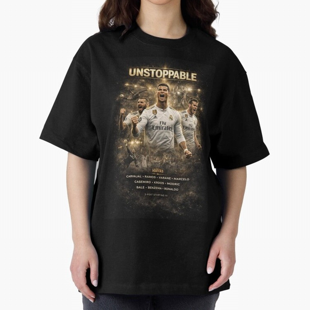 Unstoppable - Real Madrid Oversized T-Shirt Experience the FIFA World Cup 2026 Journey through Messi and Cristiano Ronaldo Highlights, England and Germany Pride, Sports Nostalgia, International Competition, Famous Players and Unforgettable