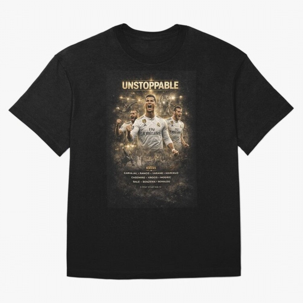 Unstoppable - Real Madrid Oversized T-Shirt Experience the FIFA World Cup 2026 Journey through Messi and Cristiano Ronaldo Highlights, England and Germany Pride, Sports Nostalgia, International Competition, Famous Players and Unforgettable