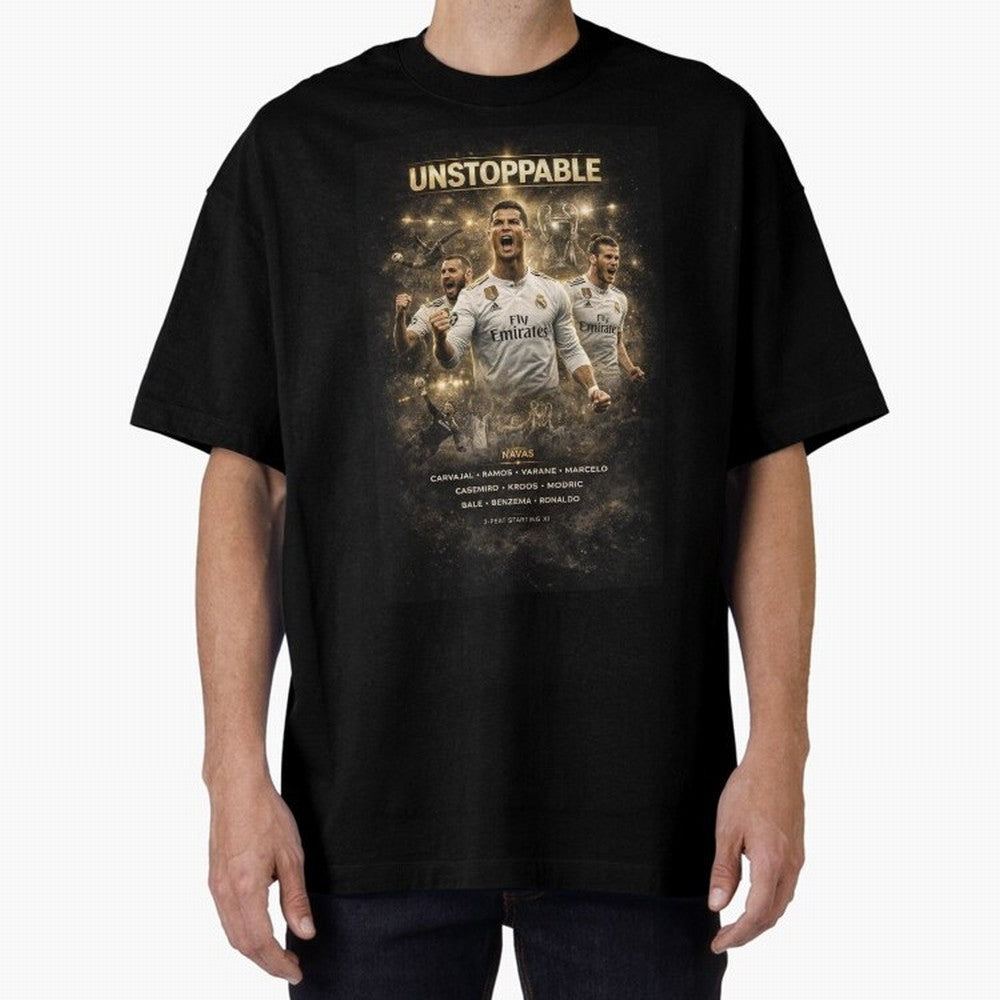Unstoppable - Real Madrid Oversized T-Shirt Experience the FIFA World Cup 2026 Journey through Messi and Cristiano Ronaldo Highlights, England and Germany Pride, Sports Nostalgia, International Competition, Famous Players and Unforgettable