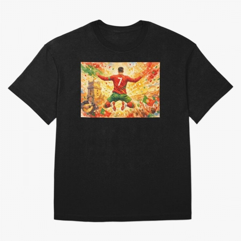 Soccer Player in Mid-Air Celebration Legend CR7 Oversized T-Shirt Make the Season About FIFA World Cup 2026 USA Canada Mexico for Fans of Messi and Brazil, Bringing Championship Spirit, Famous Goals, Roaring Crowds and International Football Unity;