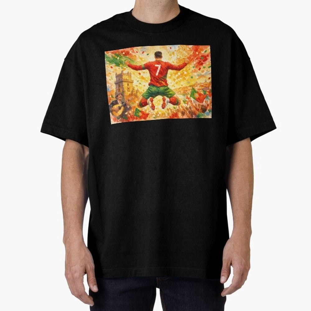 Soccer Player in Mid-Air Celebration Legend CR7 Oversized T-Shirt Make the Season About FIFA World Cup 2026 USA Canada Mexico for Fans of Messi and Brazil, Bringing Championship Spirit, Famous Goals, Roaring Crowds and International Football Unity;