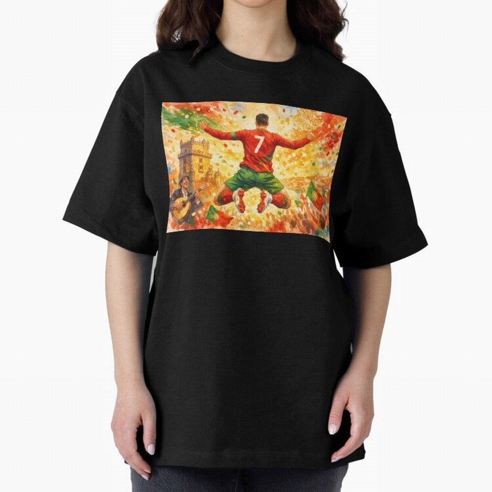 Soccer Player in Mid-Air Celebration Legend CR7 Oversized T-Shirt Make the Season About FIFA World Cup 2026 USA Canada Mexico for Fans of Messi and Brazil, Bringing Championship Spirit, Famous Goals, Roaring Crowds and International Football Unity;