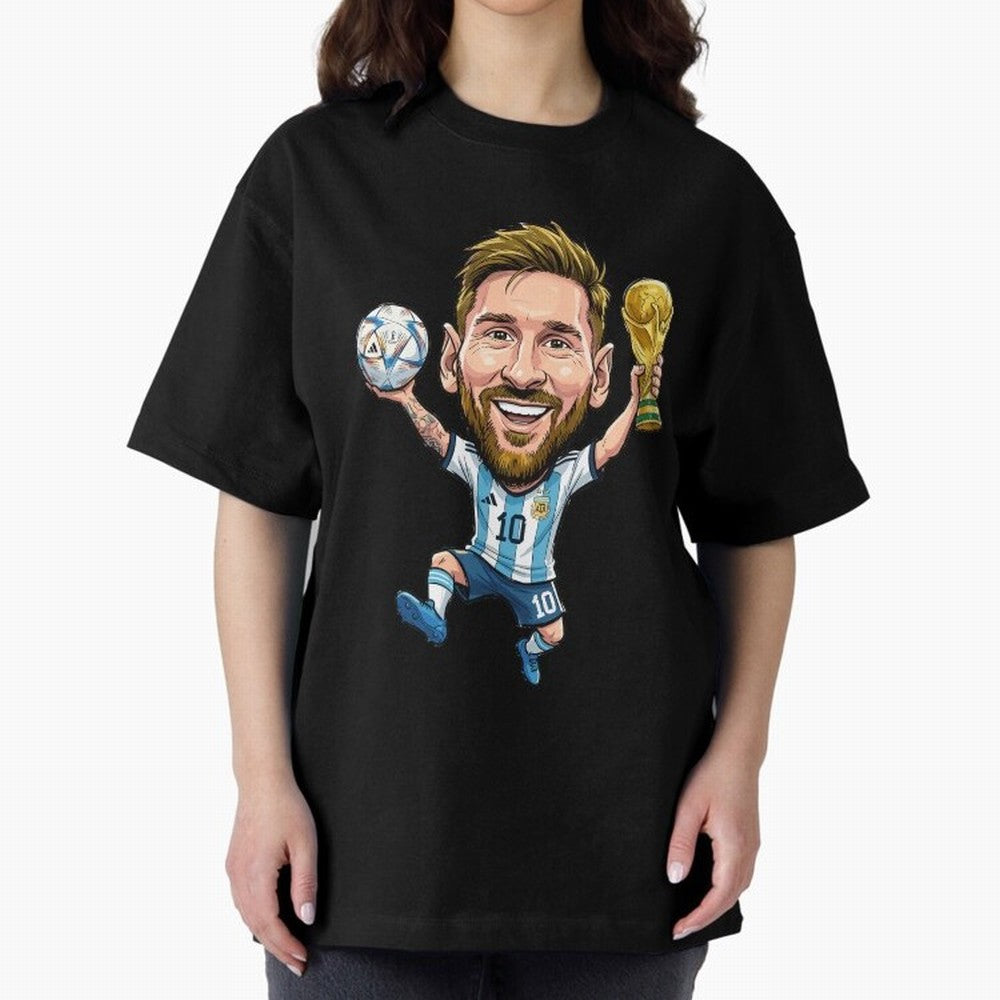Messi Campion Caricatur Oversized T-Shirt Join Supporters Worldwide for FIFA World Cup 2026 Celebrating Messi, Netherlands Energy, Football History, Final Match Energy, Crowd Noise and Once in a Lifetime Moments; Perfect for Fans, Collectors,