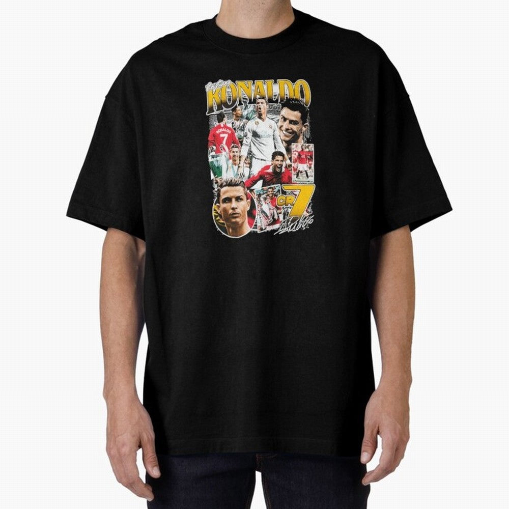 Cristiano Ronaldo Cr7 Collage Oversized T-Shirt Capture the FIFA World Cup 2026 Journey through Messi and Cristiano Ronaldo Highlights, Argentina Pride, Champion Mindset, Group Stage Buzz, Knockout Tension and Passionate Fan Culture; Perfect for