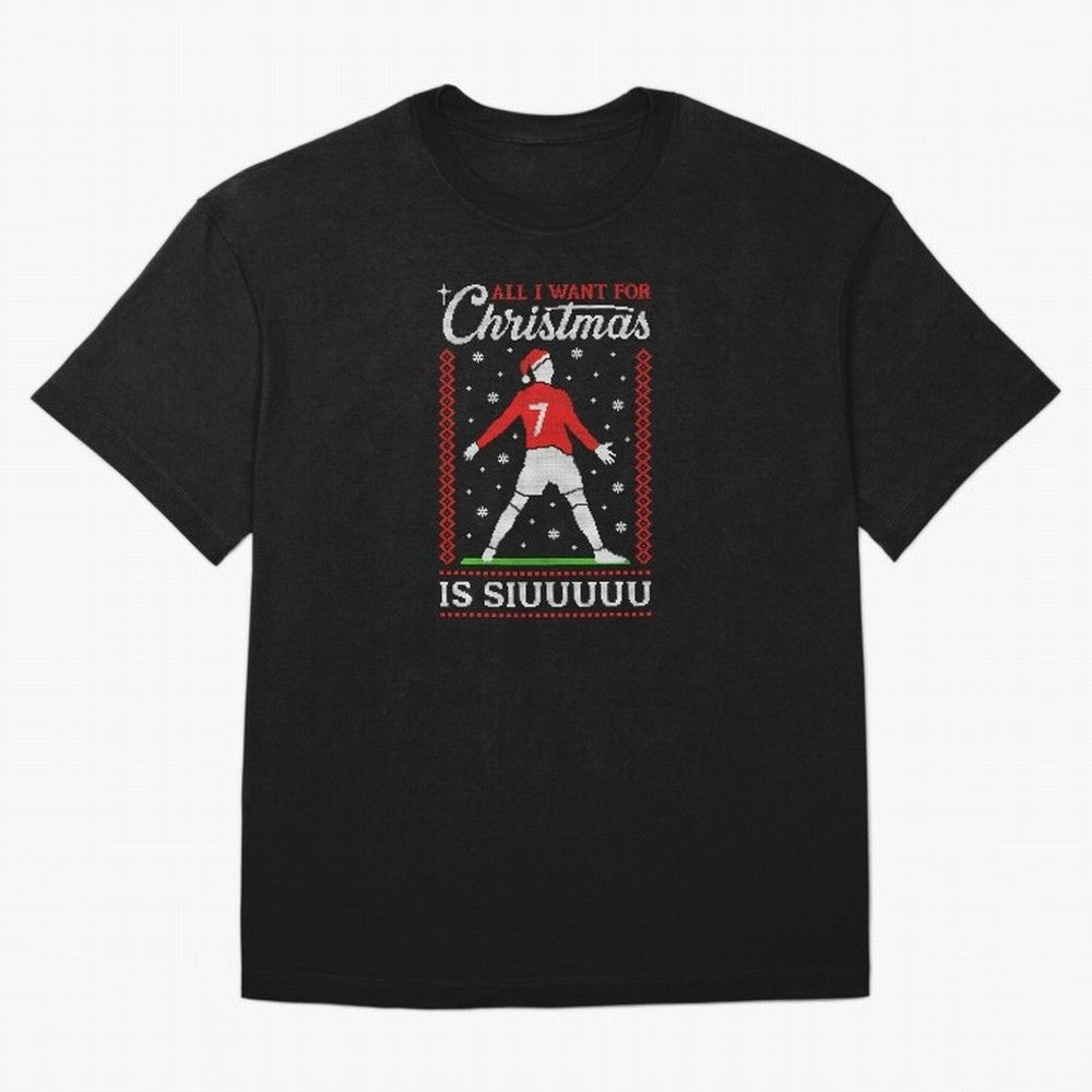 All I Want For Christmas Is Siuu Funny Christmas Festive Knitted Oversized T-Shirt Create FIFA World Cup 2026 Group Stage Spirit, Inspired by Portugal, Spain and Germany, Mbappe and Neymar, Sports Nostalgia, International Competition, Famous