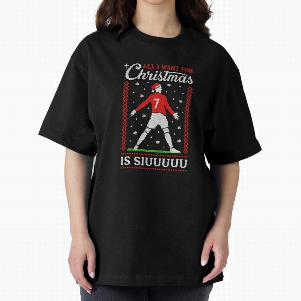 All I Want For Christmas Is Siuu Funny Christmas Festive Knitted Oversized T-Shirt Create FIFA World Cup 2026 Group Stage Spirit, Inspired by Portugal, Spain and Germany, Mbappe and Neymar, Sports Nostalgia, International Competition, Famous