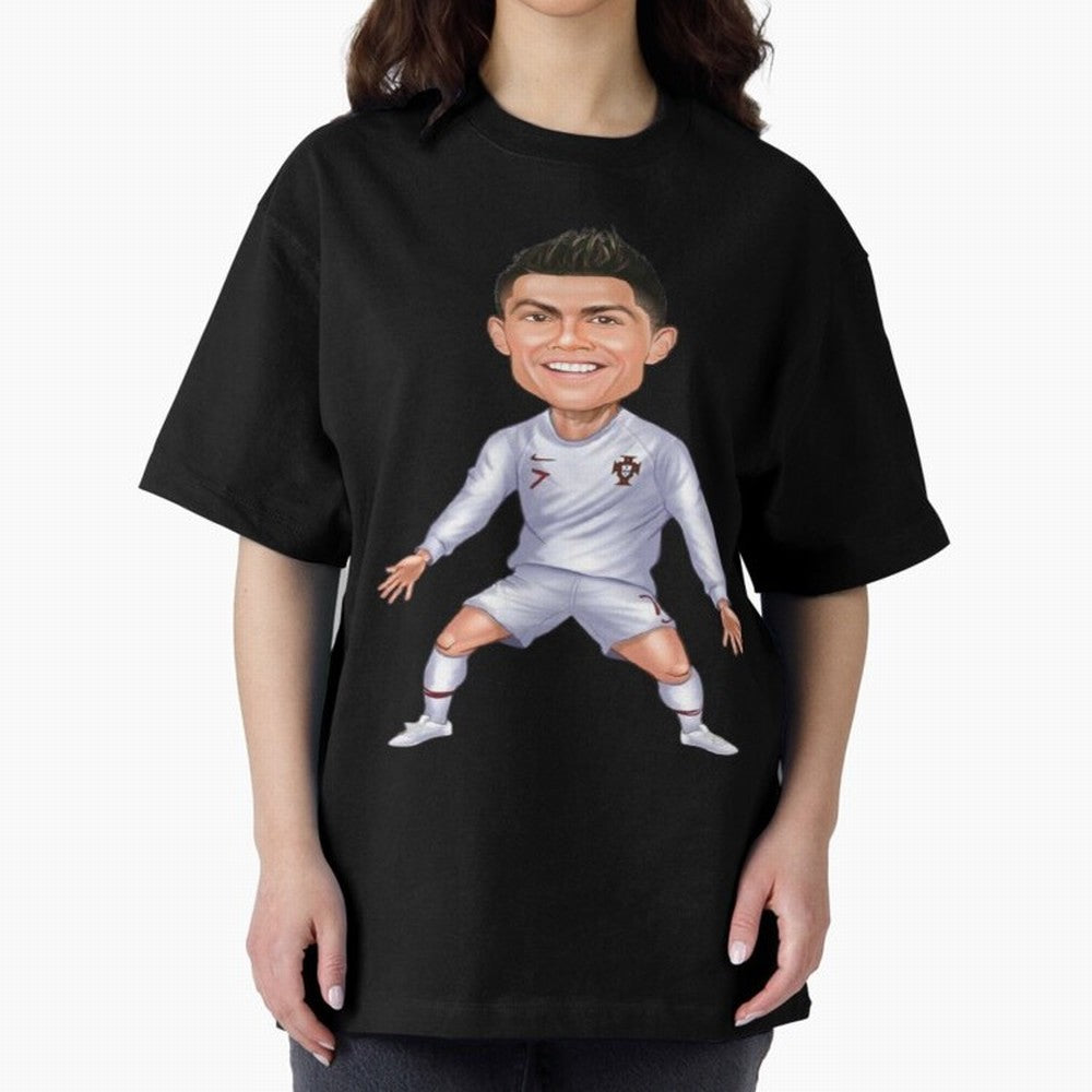 Cristiano Ronaldo Cartoon Oversized T-Shirt Capture Stadium Memories from FIFA World Cup 2026 Group Stage for Fans of Messi and Netherlands, Bringing Championship Spirit, Famous Goals, Roaring Crowds and International Football Unity; Made for