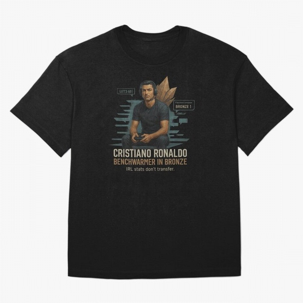 Cristiano Ronaldo Bronze Gamer ¨C Benchwarmers IRL Stats Don¡¯t Transfer Oversized T-Shirt Follow the Final Road of the FIFA World Cup 2026 USA Canada Mexico Journey through CR7 Highlights, Netherlands Pride, Game Day Rituals, Football Legends,