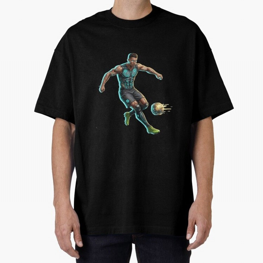 Cyberpunk Cristiano Ronaldo: Futuristic CR7 Kicking Glowing Soccer Ball Fan Art Oversized T-Shirt Represent the Passion of Match Day Hype around FIFA World Cup 2026 USA Canada Mexico, Messi, Argentina, Tournament Hype, Historic Matchups, Family