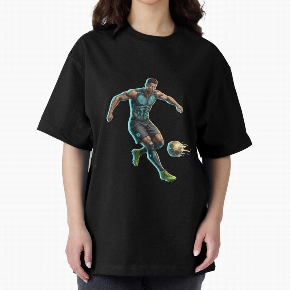 Cyberpunk Cristiano Ronaldo: Futuristic CR7 Kicking Glowing Soccer Ball Fan Art Oversized T-Shirt Represent the Passion of Match Day Hype around FIFA World Cup 2026 USA Canada Mexico, Messi, Argentina, Tournament Hype, Historic Matchups, Family
