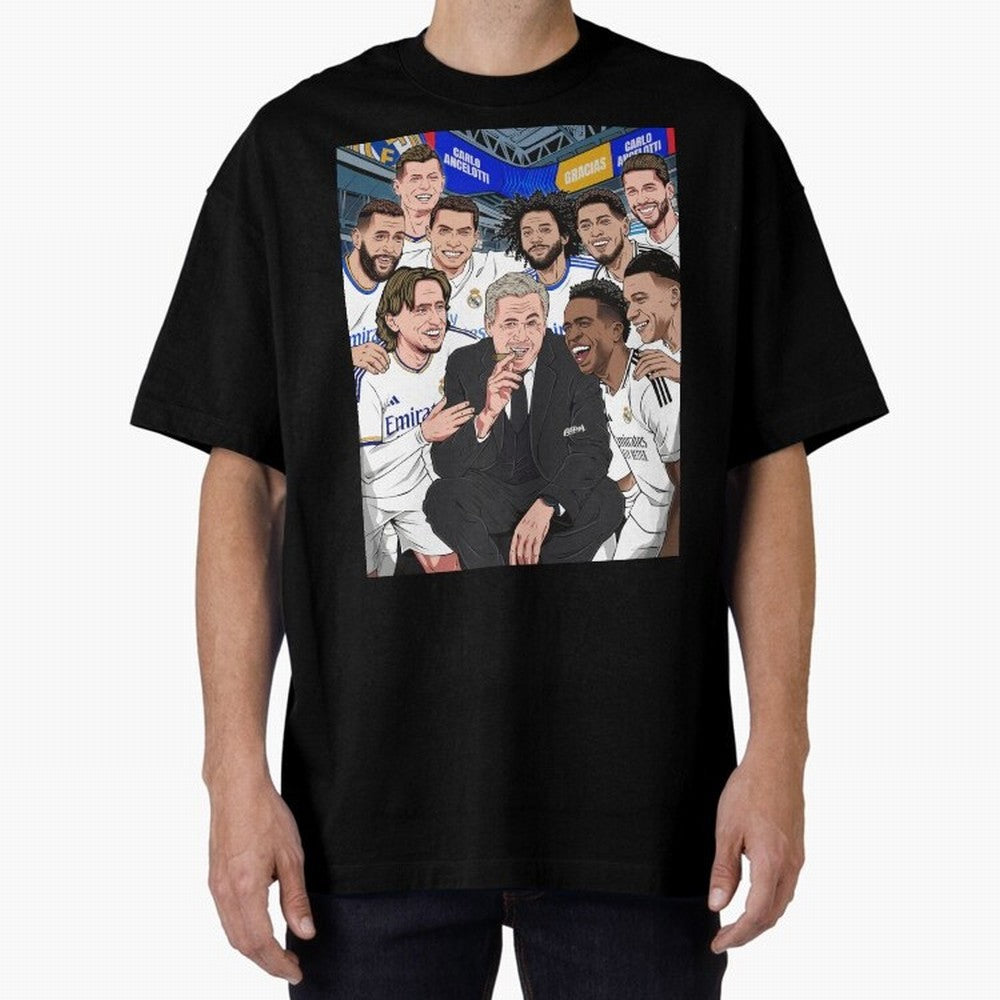 Carlo Ancelotti and Real Madrid Players Oversized T-Shirt Show Match Day Excitement for Match Day Hype around FIFA World Cup 2026, Mbappe, Argentina and Brazil, Soccer Culture, Superstar Moments, National Team Dreams and Competitive Fire; Perfect