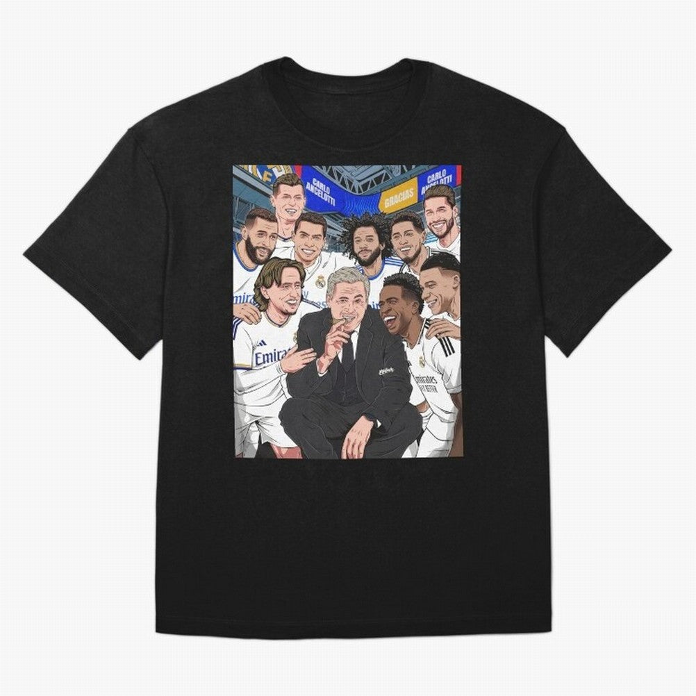 Carlo Ancelotti and Real Madrid Players Oversized T-Shirt Show Match Day Excitement for Match Day Hype around FIFA World Cup 2026, Mbappe, Argentina and Brazil, Soccer Culture, Superstar Moments, National Team Dreams and Competitive Fire; Perfect