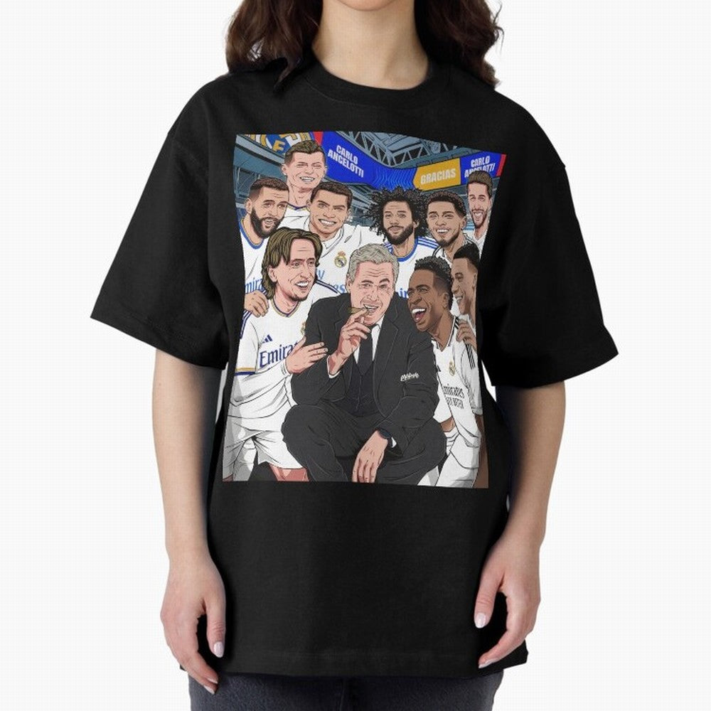 Carlo Ancelotti and Real Madrid Players Oversized T-Shirt Show Match Day Excitement for Match Day Hype around FIFA World Cup 2026, Mbappe, Argentina and Brazil, Soccer Culture, Superstar Moments, National Team Dreams and Competitive Fire; Perfect