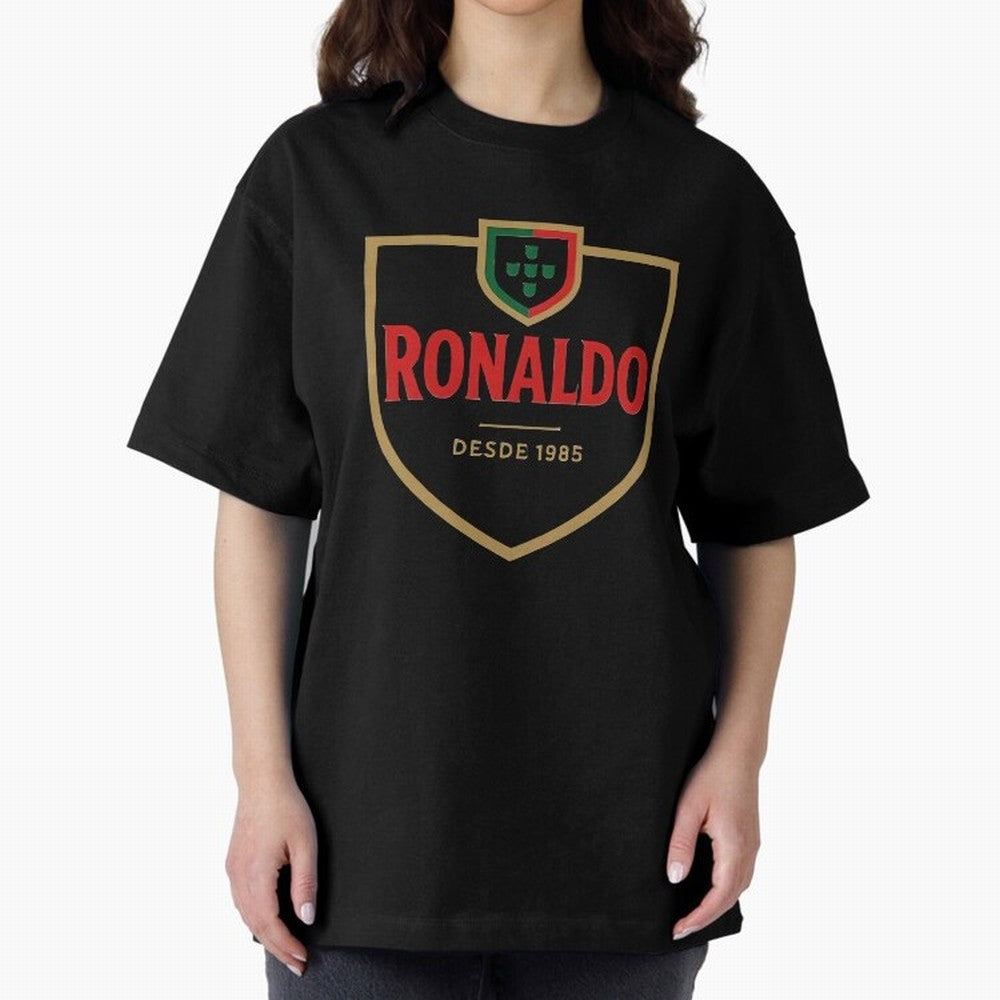 Ronaldo Emblem Sticker ¨C Gold Crest Parody Design Oversized T-Shirt Mark the FIFA World Cup 2026 USA Canada Mexico Journey through Messi Highlights, France Pride, Championship Spirit, Famous Goals, Roaring Crowds and International Football Unity;