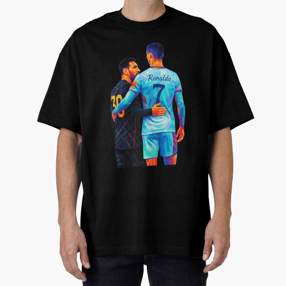 Cristiano Ronaldo & Messi Wpap Art Oversized T-Shirt Feel the Trophy Chase of the FIFA World Cup 2026 Journey through Messi Highlights, Brazil Pride, Football Festival Excitement, Trophy Ambitions, Country Rivalries and Star Player Buzz; Ideal for