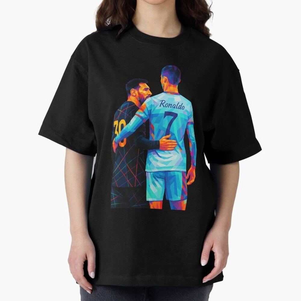 Cristiano Ronaldo & Messi Wpap Art Oversized T-Shirt Feel the Trophy Chase of the FIFA World Cup 2026 Journey through Messi Highlights, Brazil Pride, Football Festival Excitement, Trophy Ambitions, Country Rivalries and Star Player Buzz; Ideal for