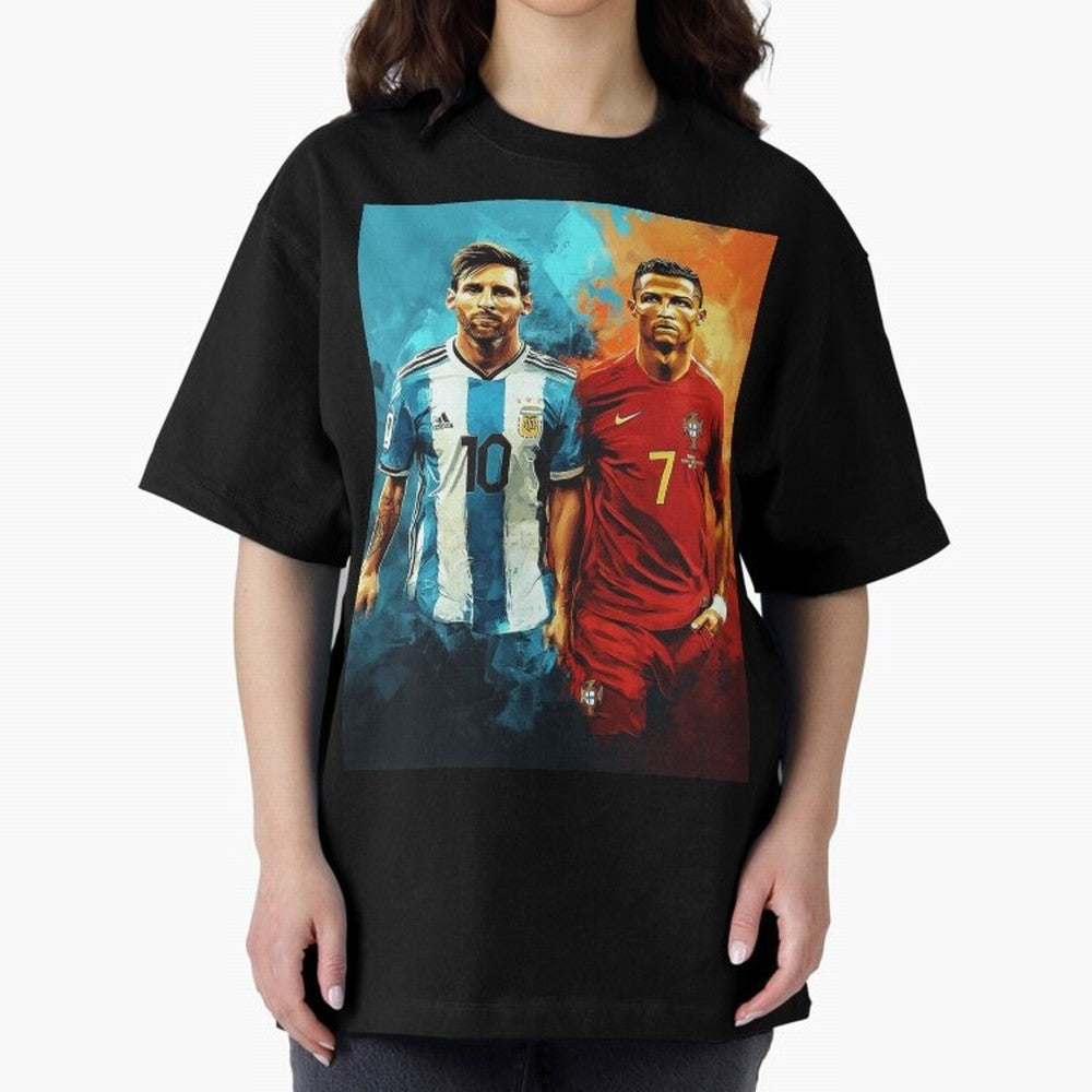 Lionel Messi and Cristiano Ronaldo Oversized T-Shirt Celebrate Every Goal in FIFA World Cup 2026 USA Canada Mexico Spirit, Driven by Spain and Netherlands, Neymar, Haaland and Cristiano Ronaldo, Sports Nostalgia, International Competition, Famous