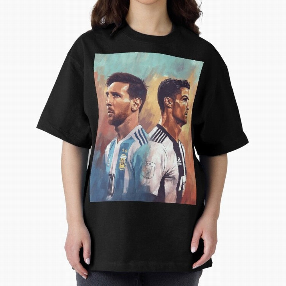 Lionel Messi and Cristiano Ronaldo Oversized T-Shirt Capture FIFA World Cup 2026 Group Stage Filled with CR7, France and Portugal Energy, Goal Celebration Energy, Supporter Heritage, Football Icons and Worldwide Tournament Joy; Great for Watch