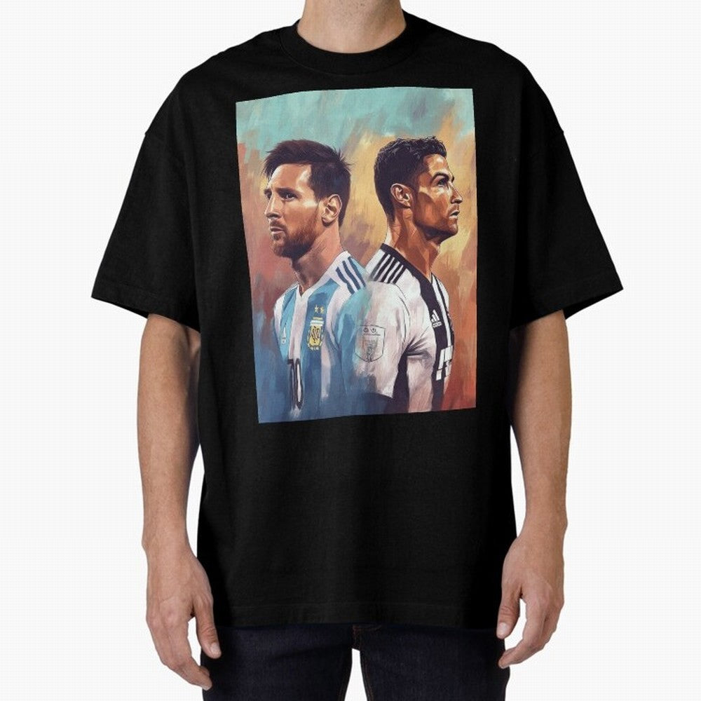 Lionel Messi and Cristiano Ronaldo Oversized T-Shirt Capture FIFA World Cup 2026 Group Stage Filled with CR7, France and Portugal Energy, Goal Celebration Energy, Supporter Heritage, Football Icons and Worldwide Tournament Joy; Great for Watch