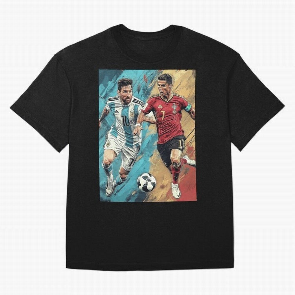 Lionel Messi and Cristiano Ronaldo Oversized T-Shirt Experience Match Day Hype around FIFA World Cup 2026 USA Canada Mexico, CR7 and Messi, Brazil, Portugal and Argentina, Retro Football Energy, Iconic Rivalries, Trophy Chase Drama and Stadium