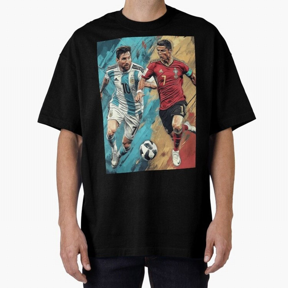 Lionel Messi and Cristiano Ronaldo Oversized T-Shirt Experience Match Day Hype around FIFA World Cup 2026 USA Canada Mexico, CR7 and Messi, Brazil, Portugal and Argentina, Retro Football Energy, Iconic Rivalries, Trophy Chase Drama and Stadium