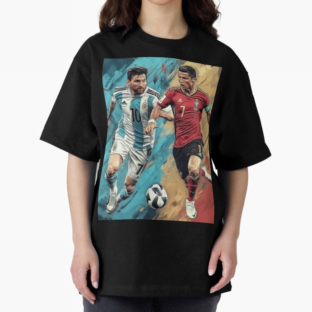 Lionel Messi and Cristiano Ronaldo Oversized T-Shirt Experience Match Day Hype around FIFA World Cup 2026 USA Canada Mexico, CR7 and Messi, Brazil, Portugal and Argentina, Retro Football Energy, Iconic Rivalries, Trophy Chase Drama and Stadium