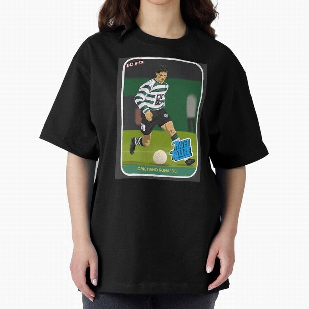 Sporting Lisbon Cristiano Ronaldo Rookie Card Artwork Oversized T-Shirt Celebrate Football Heritage in the FIFA World Cup 2026 Group Stage Journey through Haaland and Mbappe Highlights, Portugal, Spain and Germany Pride, Stadium Memories, Football
