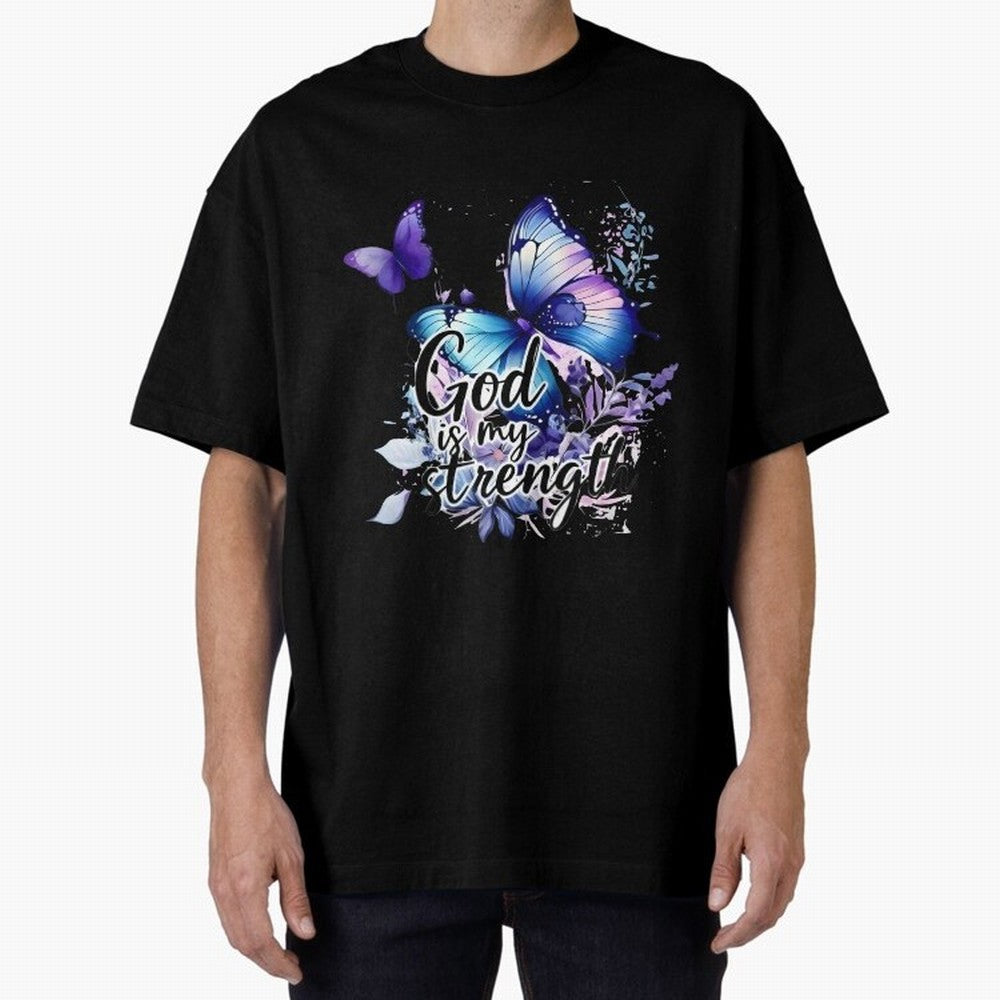 God is My Strength - Blue Butterfly Watercolor Art Oversized T-Shirt Share the Excitement of FIFA World Cup 2026 USA Canada Mexico for Fans of Messi and Cristiano Ronaldo and Netherlands, Bringing Football Passion, Legendary Performances, Festival
