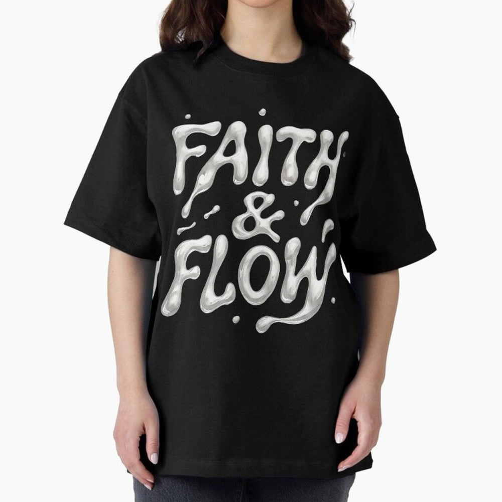 FAITH & FLOW - Liquid Chrome Typography - Urban Christian Oversized T-Shirt Show Championship Spirit for Match Day Hype around FIFA World Cup 2026 USA Canada Mexico, Messi, Neymar and Mbappe, England, Stadium Chants, National Pride, Trophy Dreams