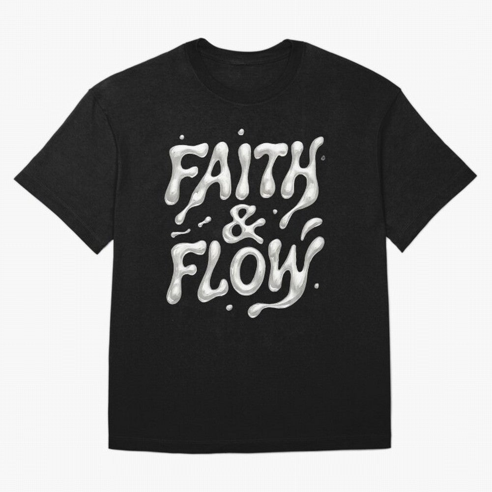 FAITH & FLOW - Liquid Chrome Typography - Urban Christian Oversized T-Shirt Show Championship Spirit for Match Day Hype around FIFA World Cup 2026 USA Canada Mexico, Messi, Neymar and Mbappe, England, Stadium Chants, National Pride, Trophy Dreams